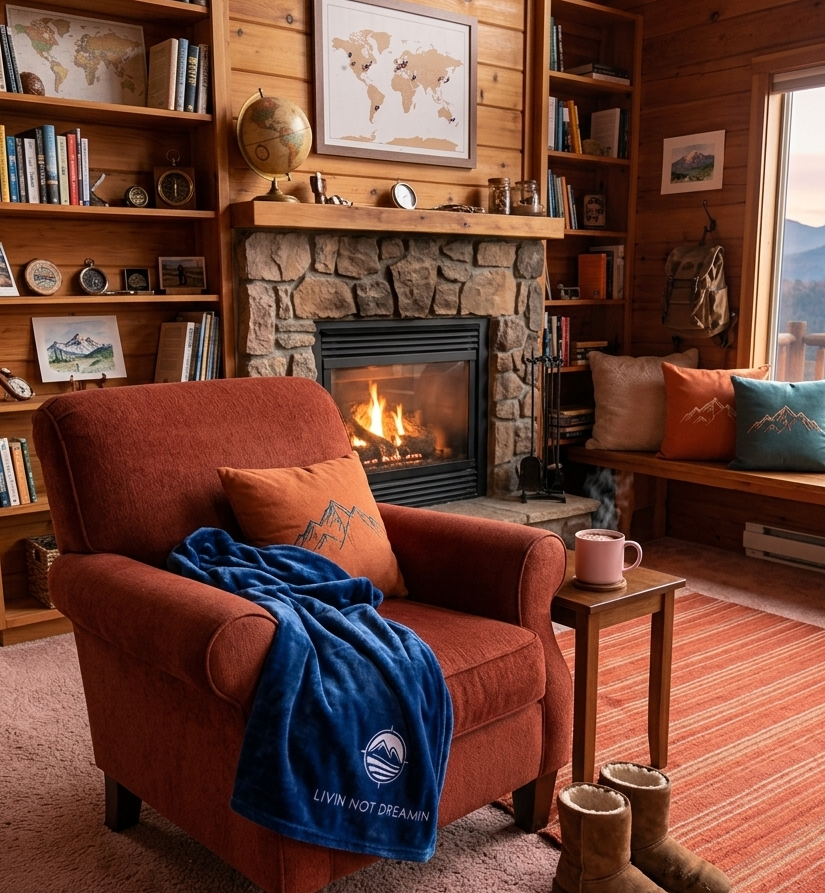 LND Fleece Blanket in Navy Blue draped over armchair by fireplace in mountain cabin