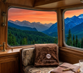 LND Fleece Blanket in Coffee Brown on scenic train with mountain sunset views