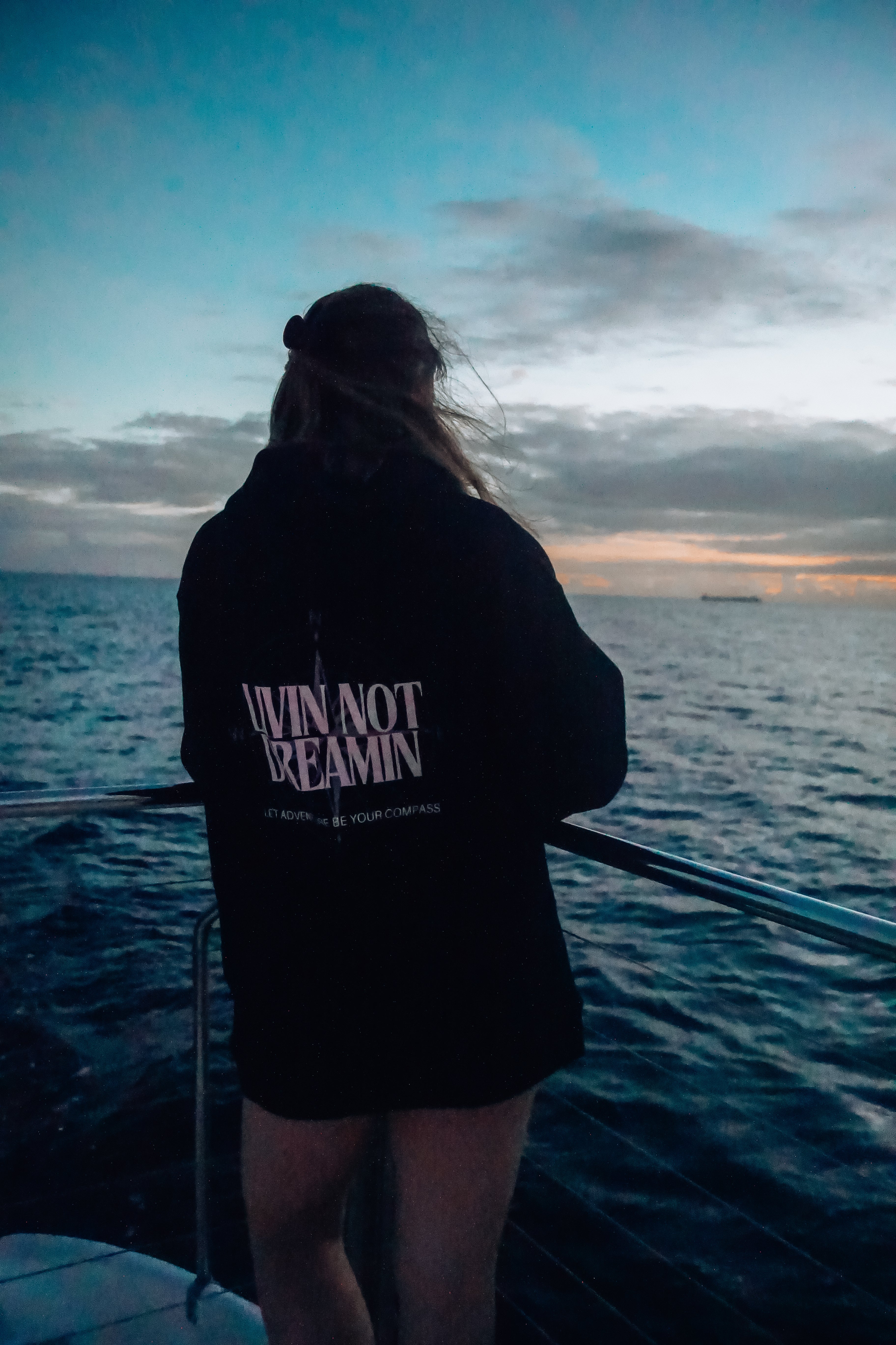 Livin’ not Dreamin’ black fleece-lined hoodie with white logo, worn by a person overlooking the ocean at sunset.